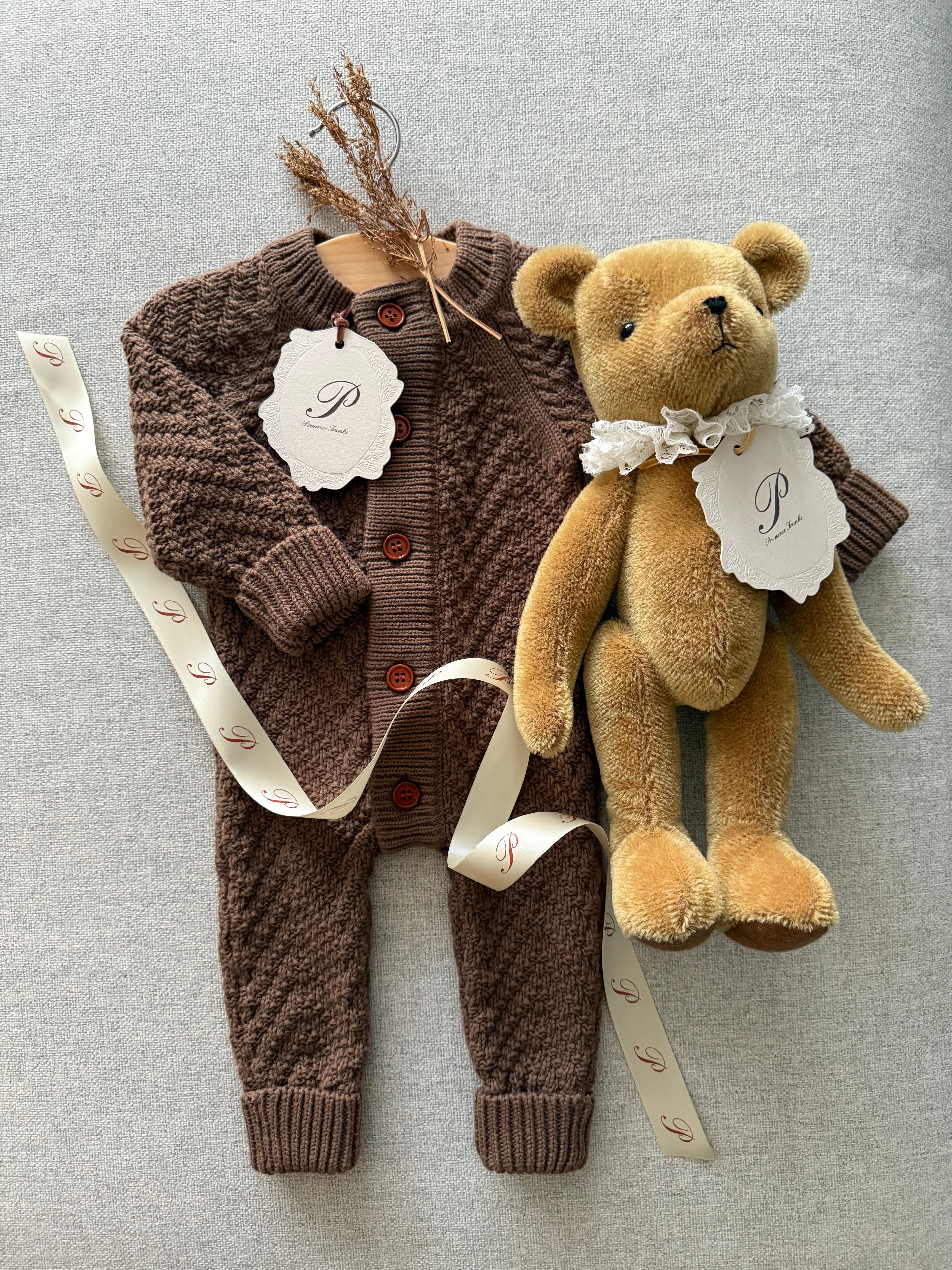 PRIMROSE TRUNKS ORGANIC COTTON KNIT BABY ROMPER BROWN MOCHA ROMPER NEWBORN KNITTED ROMPER WITH PREMIUM GIFT BOX