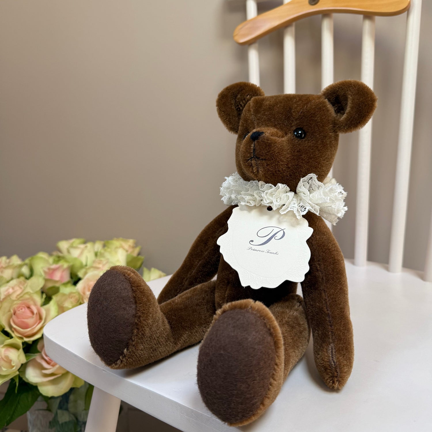 Primrose trunks primula mohair jointed teddy bear with lace ruffles baby gift uk