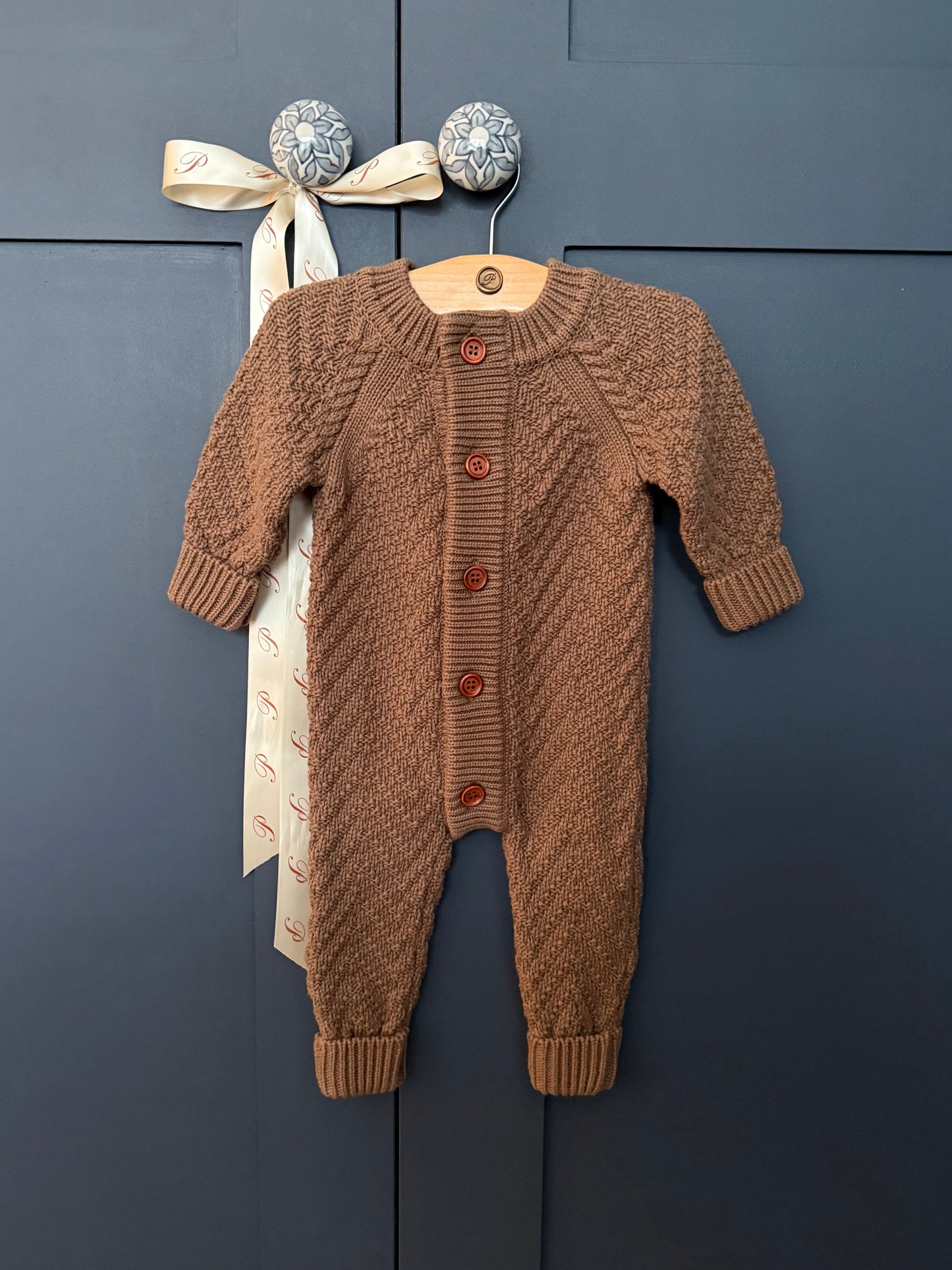 Organic Cotton Knitted Footless Mocha Baby Romper with Gift Box - 0-3 Months