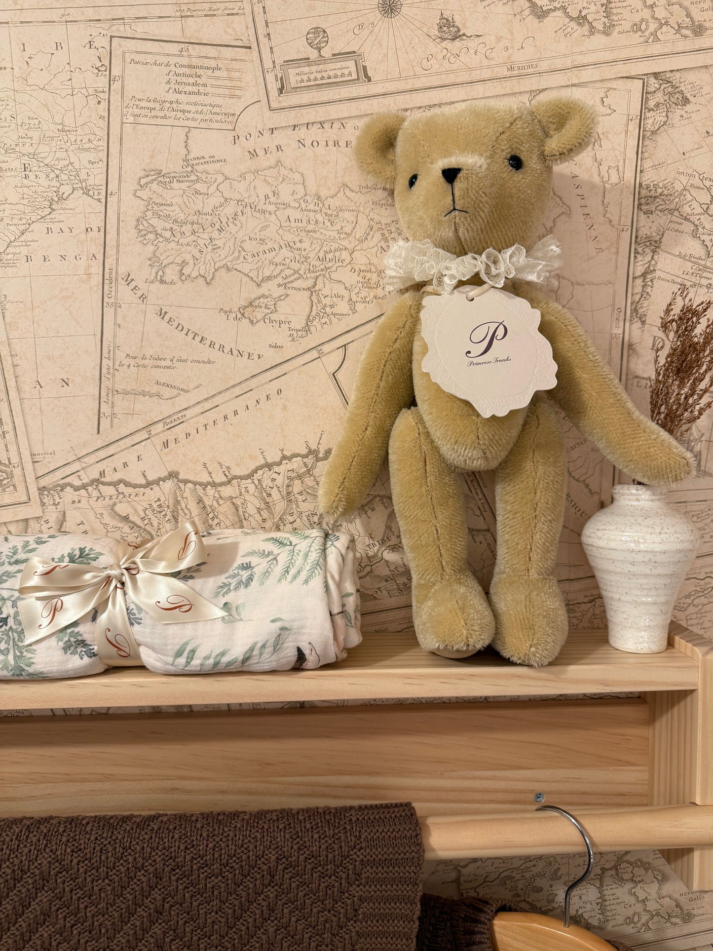 Primula Bear, Mocha Knit Blanket & Muslin OR Romper Gift Set
