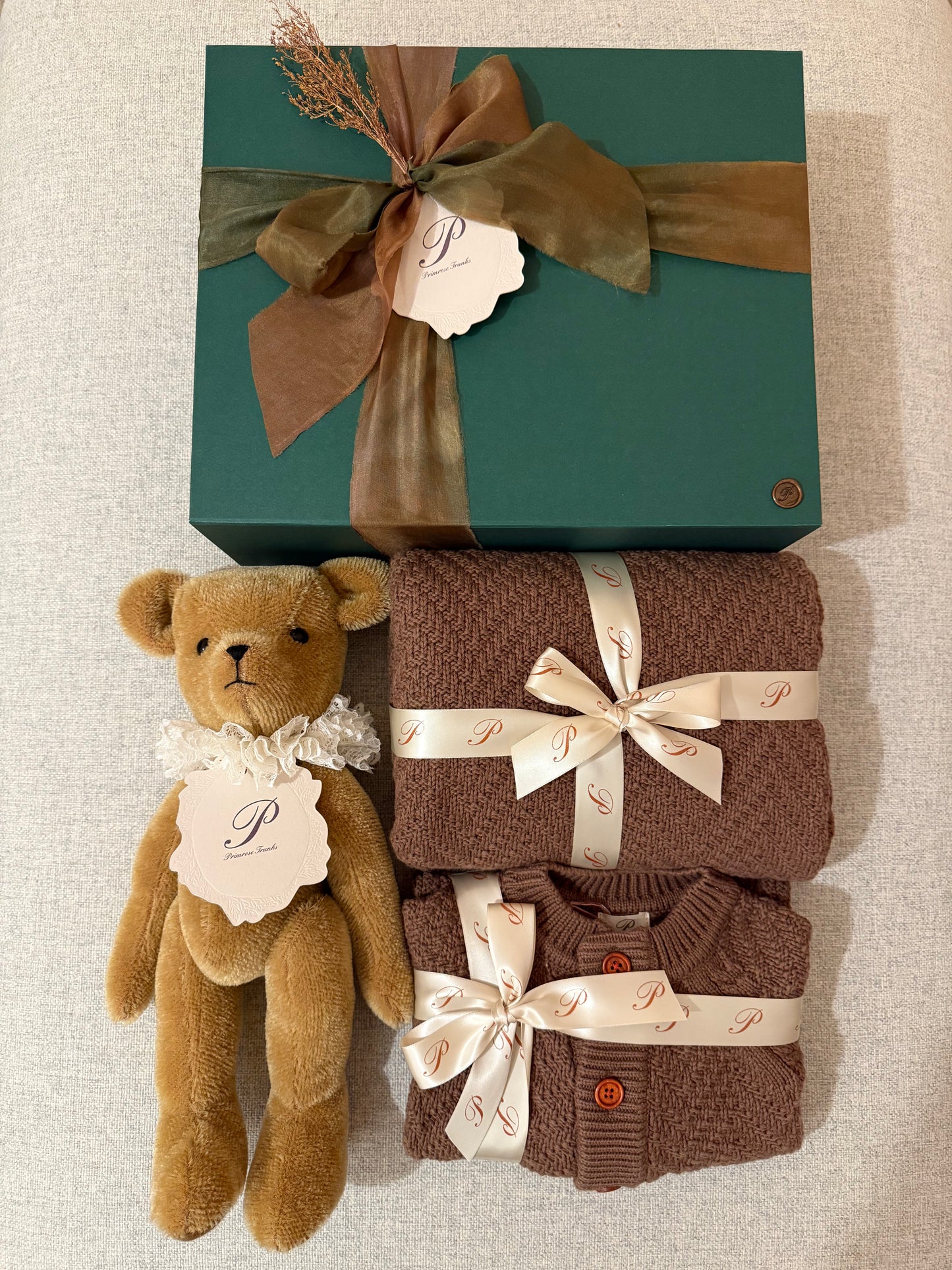 Primula Bear, Mocha Knit Blanket & Muslin OR Romper Gift Set