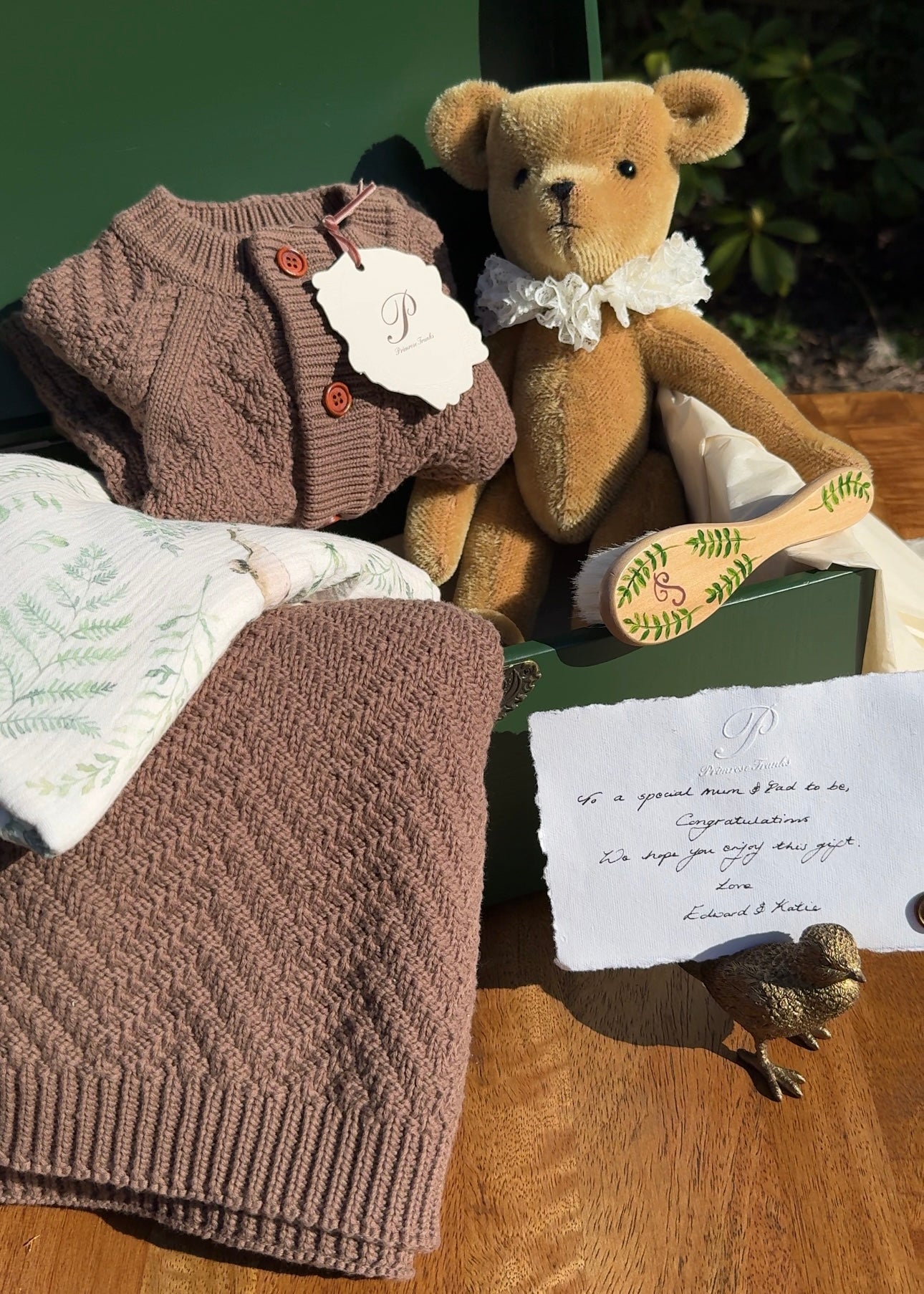 PRIMROSE TRUNKS PRIMROSE TRUNK BABY GIFT SET GREEN TRUNK ROMPER BLANKET BEAR BRUSH MUSLIN