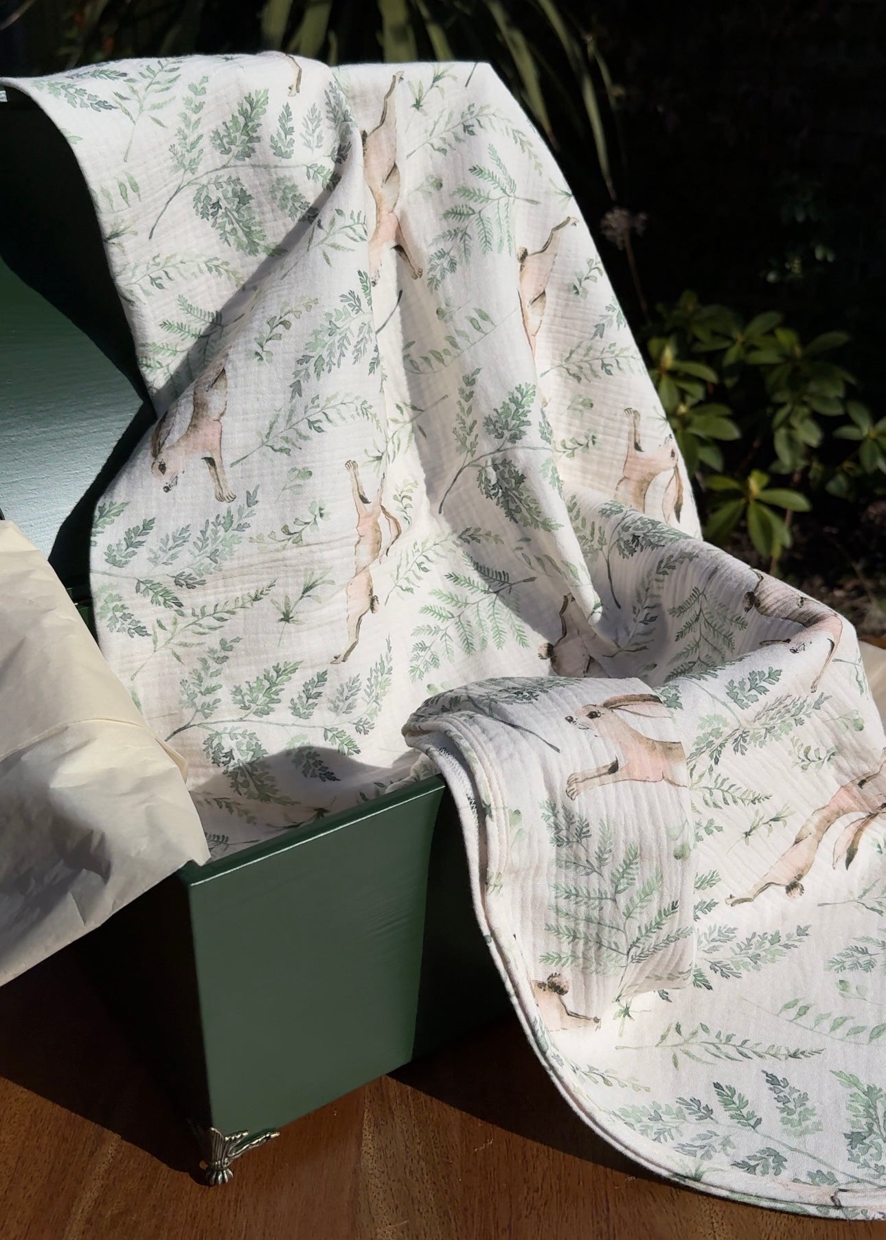 PRIMROSE TRUNKS PRIMROSE TRUNK BABY GIFT SET GREEN TRUNK ROMPER BLANKET BEAR BRUSH MUSLIN