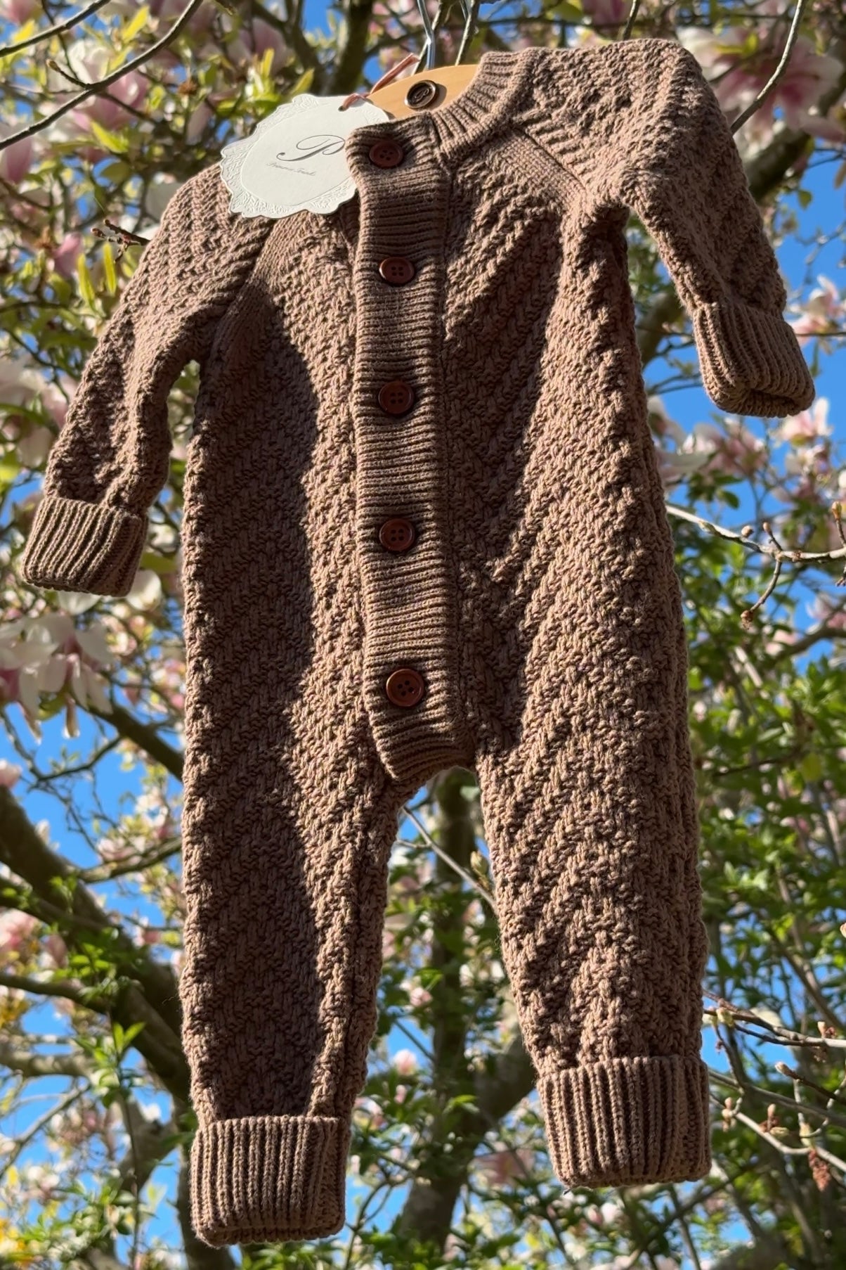 Primrose Trunks Matching Knit Brown Baby Romper Blanket Premium Gift Box Wooden Buttons