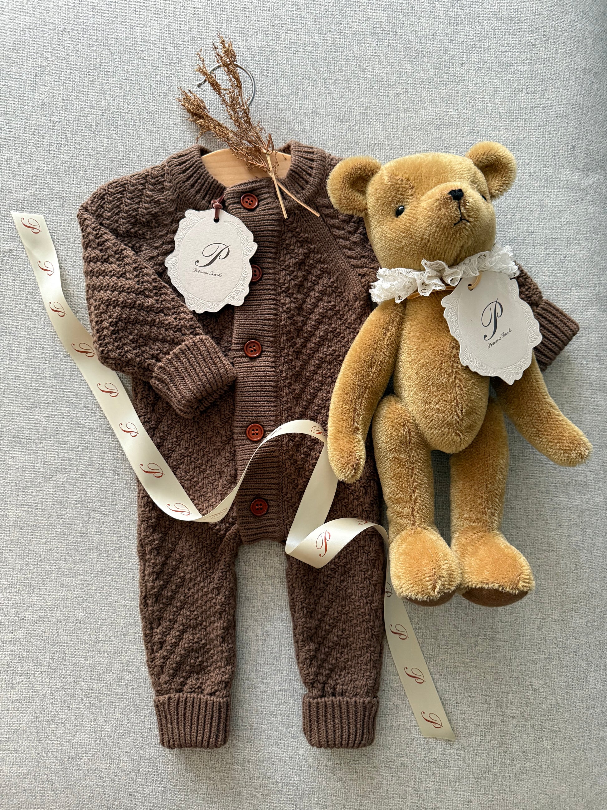PRIMROSE TRUNKS ORGANIC COTTON KNIT BABY ROMPER  BROWN MOCHA ROMPER NEWBORN  KNITTED ROMPER WITH PREMIUM GIFT BOX