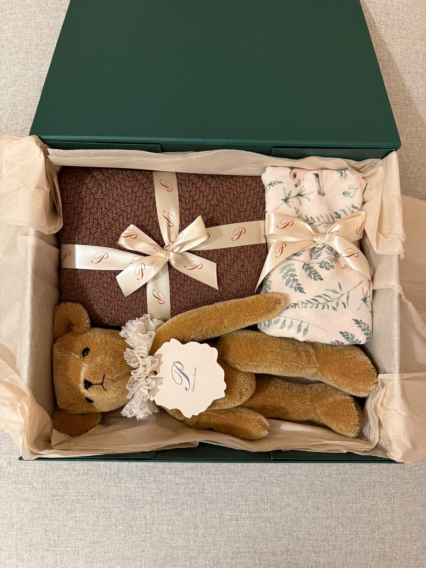 Primula Bear, Mocha Knit Blanket & Muslin OR Romper Gift Set