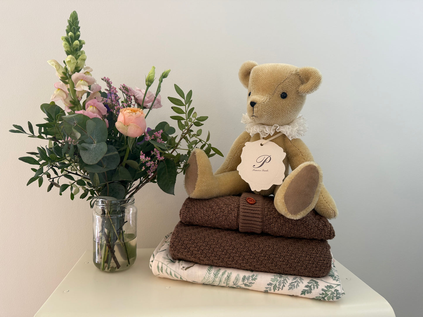 Primrose trunks primula mohair jointed teddy bear with lace ruffles baby gift uk