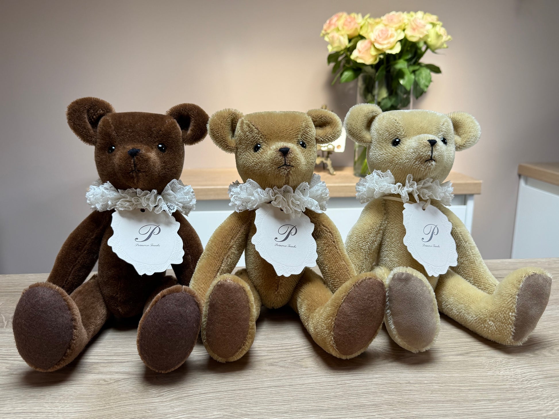 Primrose trunks primula mohair jointed teddy bear with lace ruffles baby gift uk