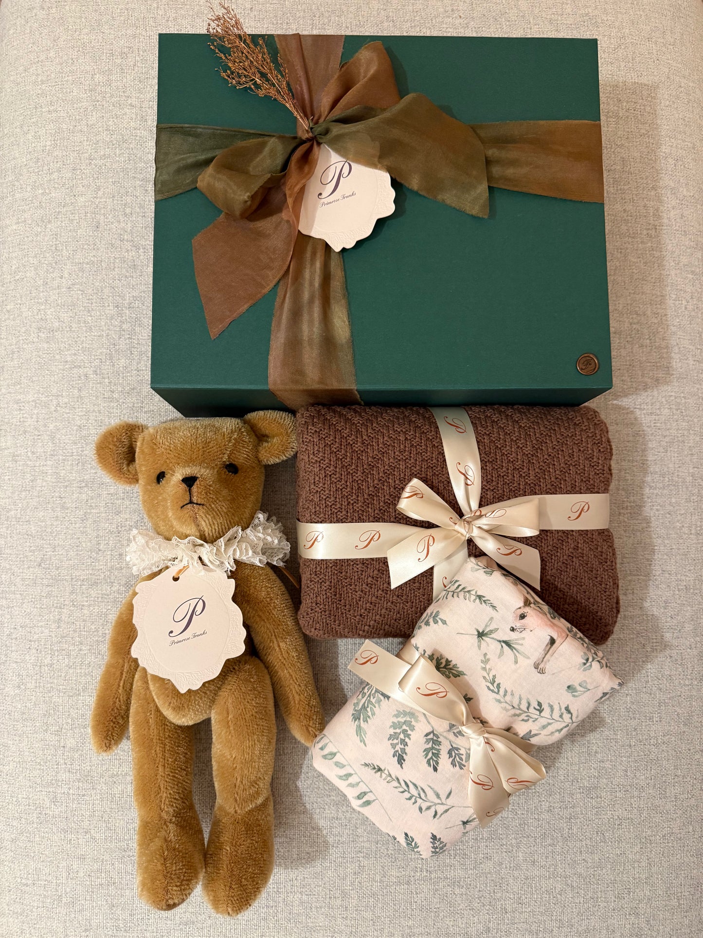 Primula Bear, Mocha Knit Blanket & Muslin OR Romper Gift Set
