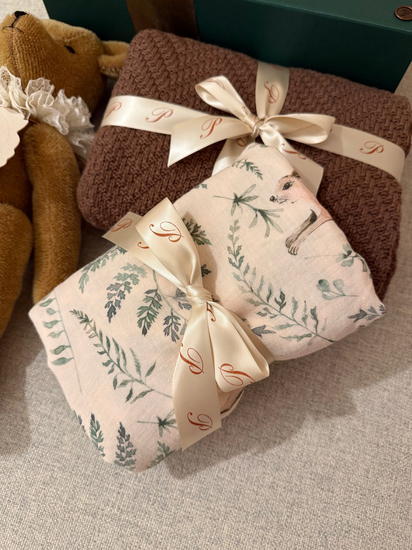 Primula Bear, Mocha Knit Blanket & Muslin OR Romper Gift Set