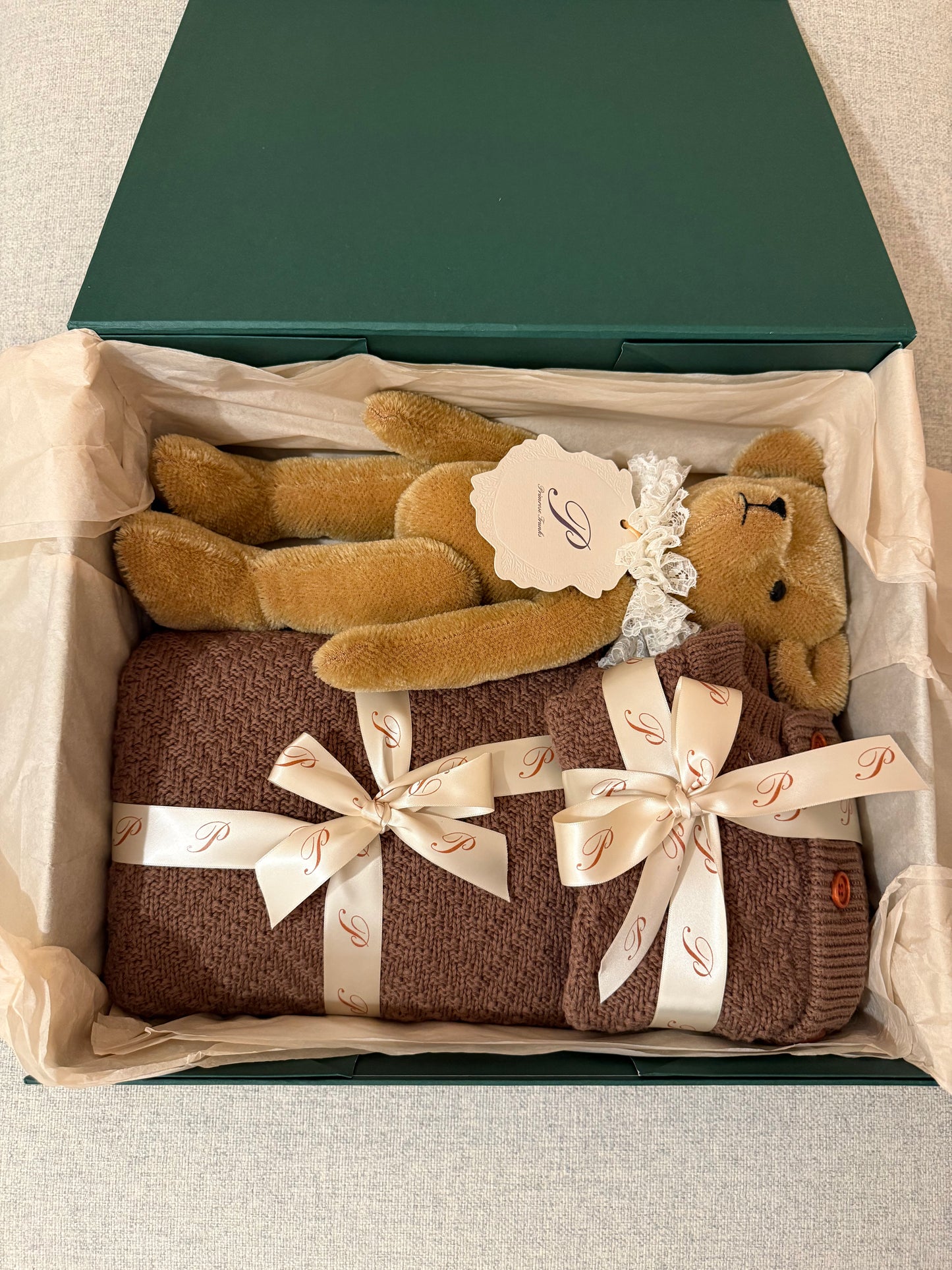 Primula Bear, Mocha Knit Blanket & Muslin OR Romper Gift Set