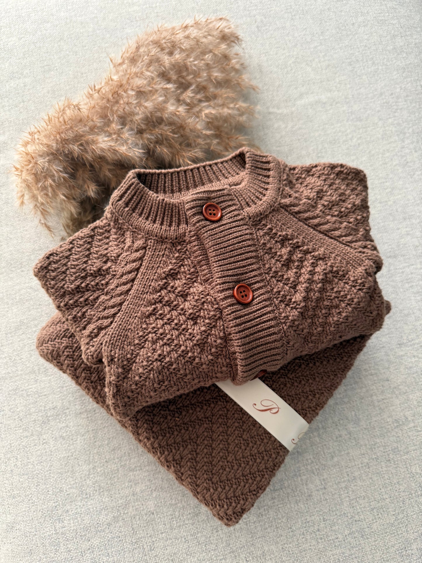 Primrose Trunks Matching Knit Brown Baby Romper Blanket Premium Gift Box Wooden Buttons