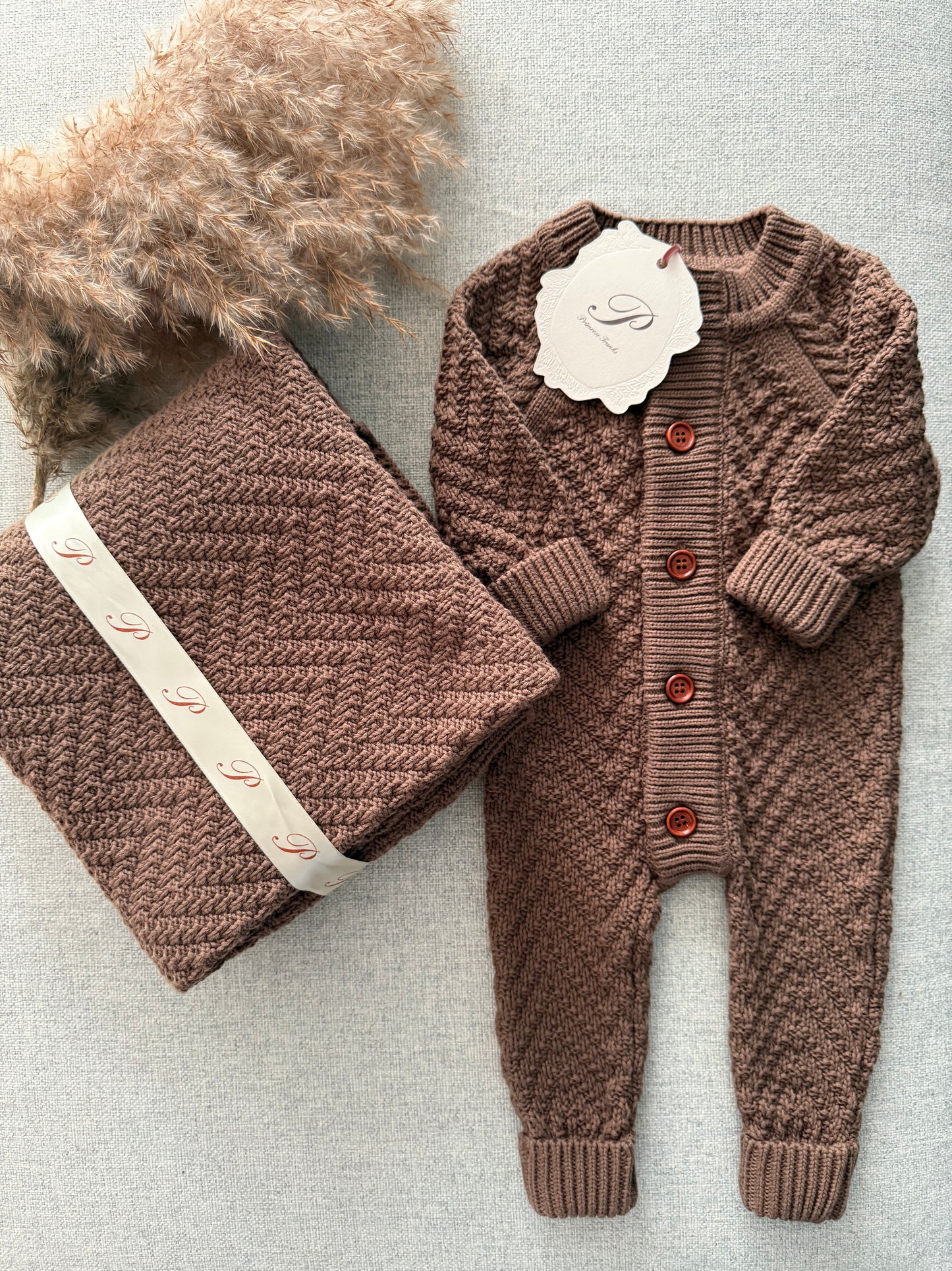 Primrose Trunks Matching Knit Brown Baby Romper Blanket Premium Gift Box Wooden Buttons