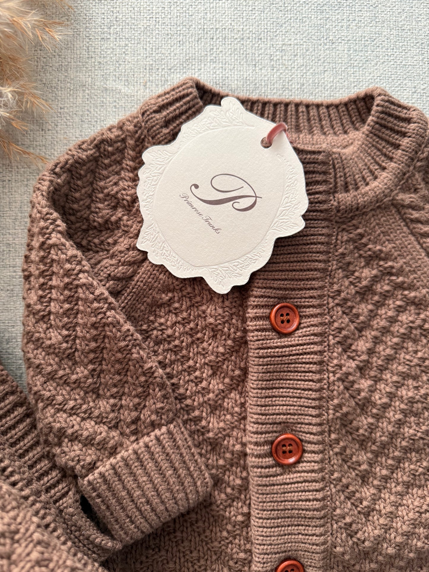 Primrose Trunks Matching Knit Brown Baby Romper Blanket Premium Gift Box Wooden Buttons