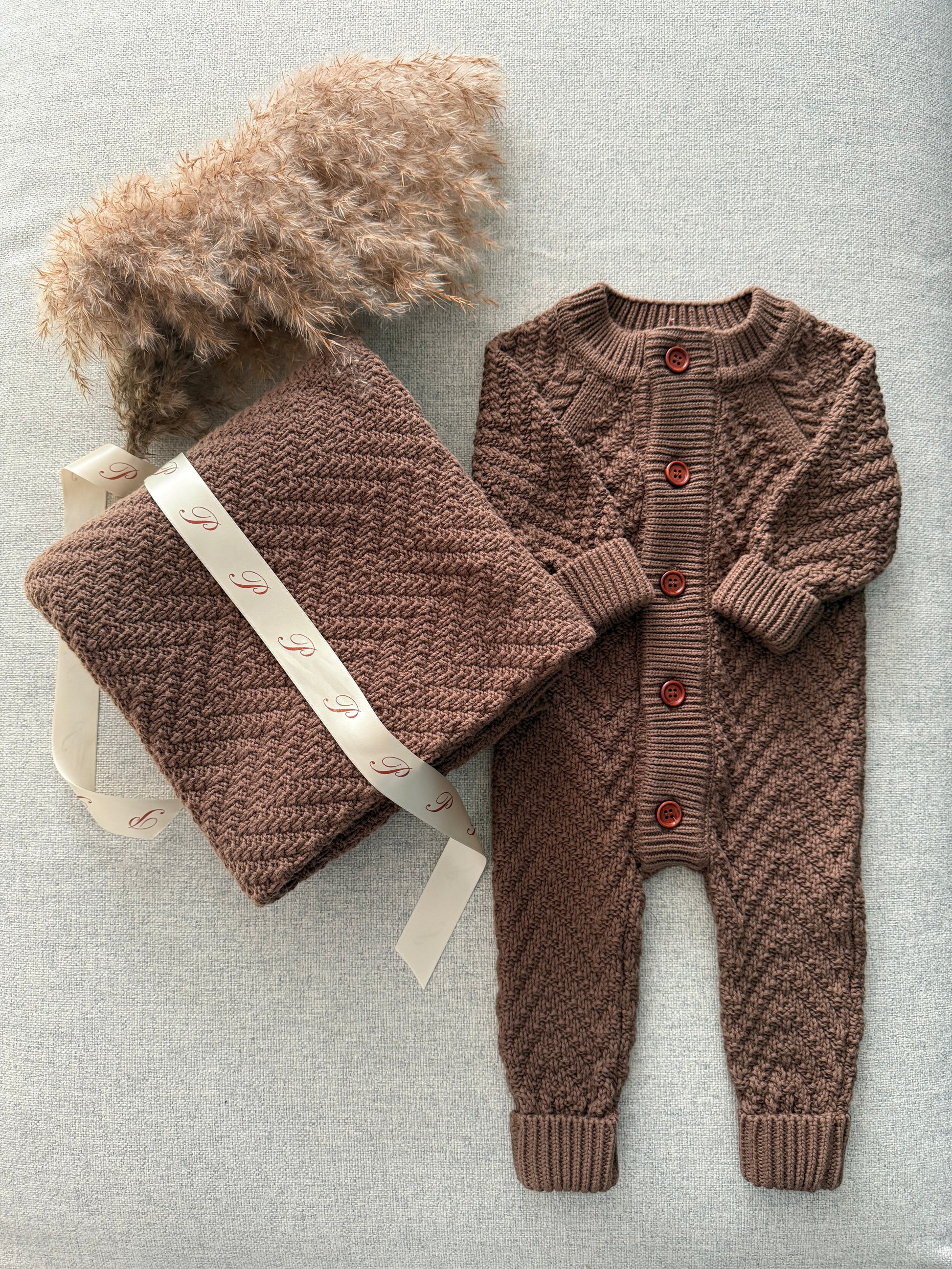 Primrose Trunks Matching Knit Brown Baby Romper Blanket Premium Gift Box Wooden Buttons